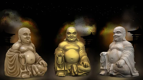 Tres Estatuas Buda Diferentes Versiones Bronce Marfil Netsuke Mármol Sobre — Foto de Stock