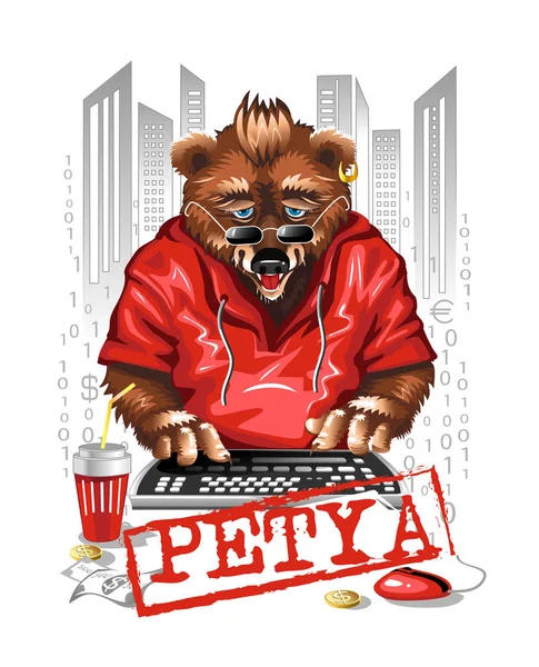 Orso Programmatore Petya Una Shirt Rossa Uno Sfondo Bianco Metropoli — Vettoriale Stock