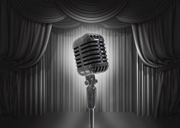 Old retro microphone on stage and curtain background. 3D illustration.