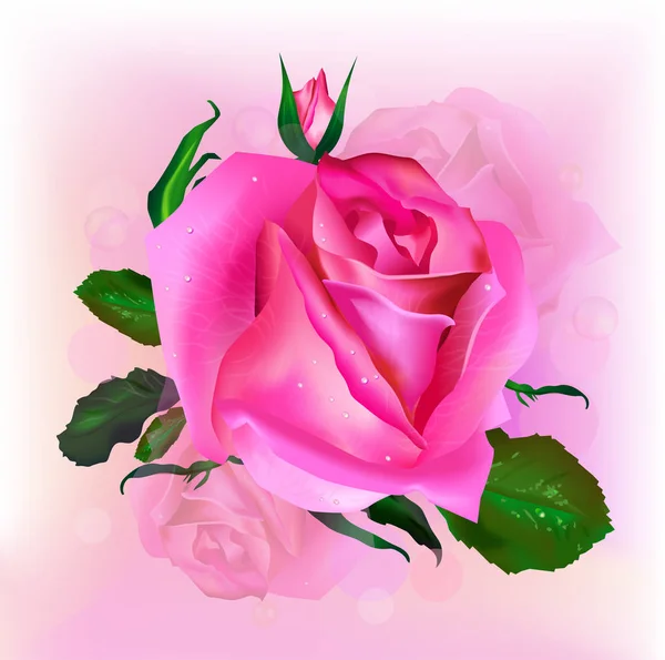 Rosa Vettoriale Realistica Rosa Con Foglie Verdi Sfondo Rosa Chiaro — Vettoriale Stock