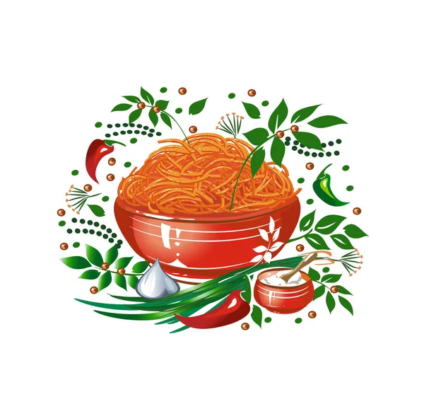 Корейская Морковь Красном Горшке Овощи Травы Специи Векторная Иллюстрация — стоковый вектор