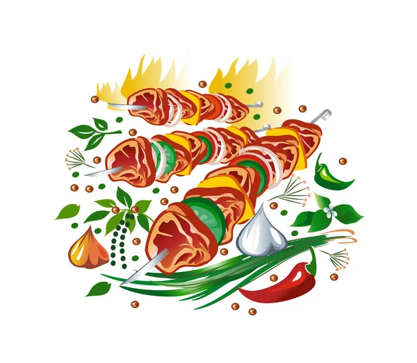 Kebabs Especiarias Ervas Legumes Ilustração Vetorial —  Vetores de Stock