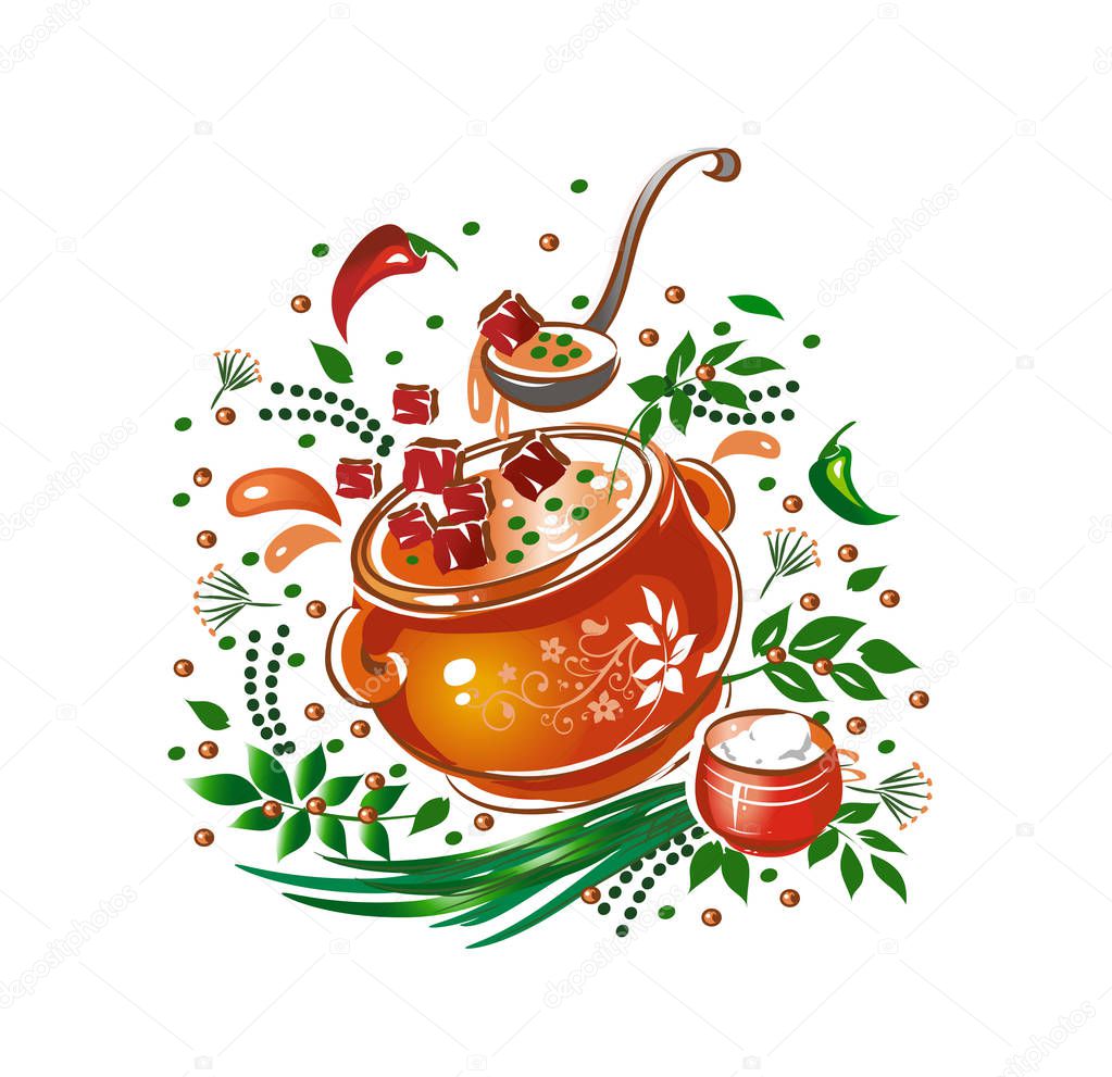 Meat goulash, herbs, and spices. Vector illustrations.