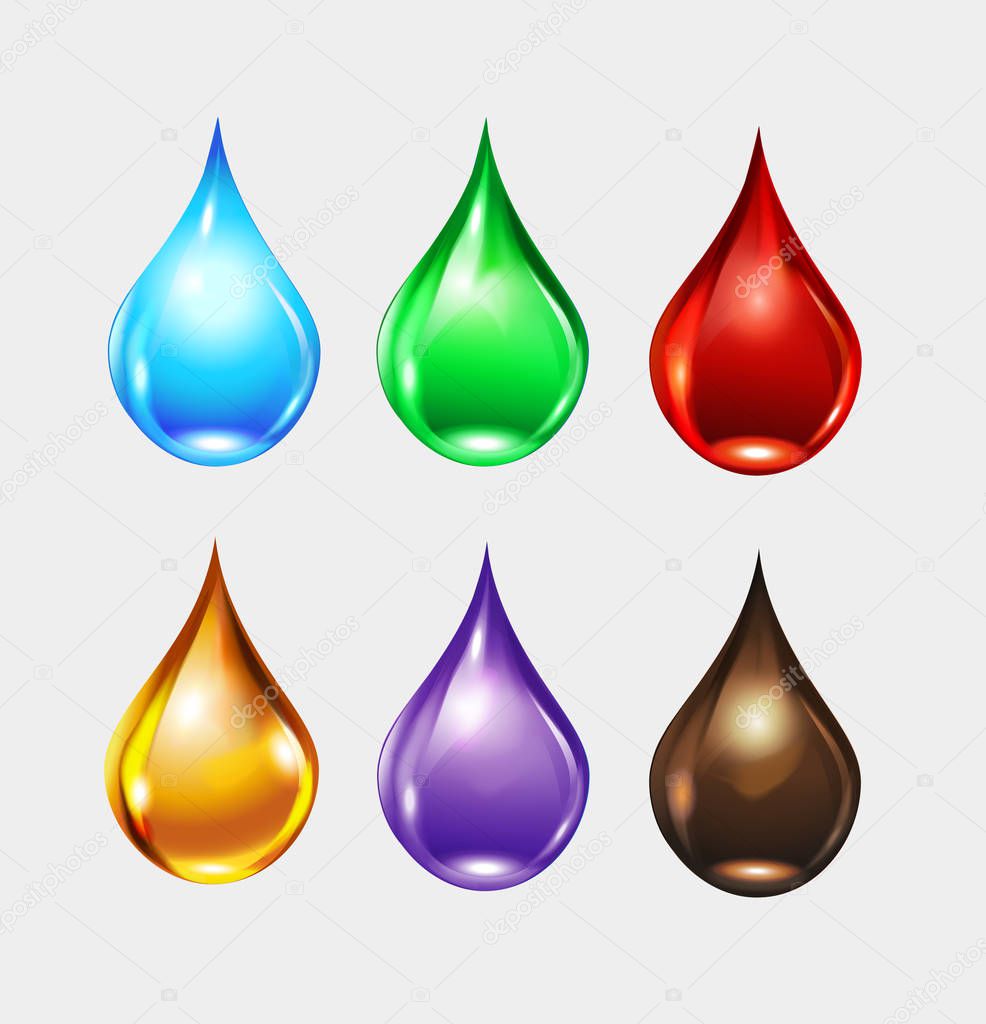 Colored drops. Drops of different colored liquids. Vector illustration.
