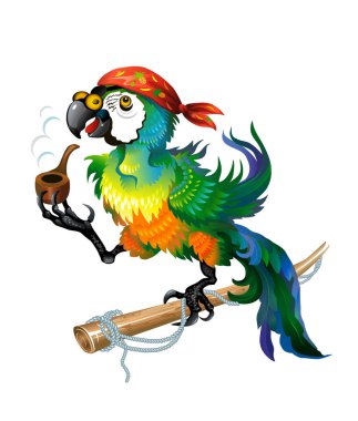Yeşil papağan beyaz izole kırmızı bir bandana macaw, bir boru sigara. Bir deniz korsanı. Vektör çizimi.