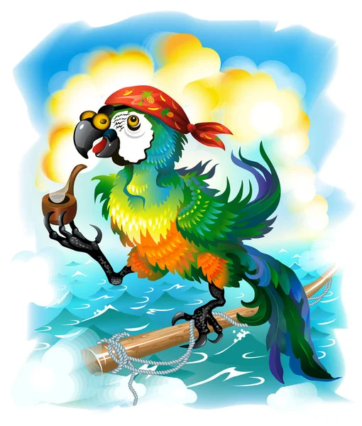 Zelený Papoušek Červeném Bandaně Pozadí Oceánu Kouří Dýmku Mořský Pirát — Stockový vektor