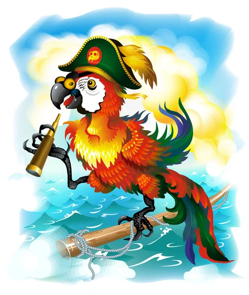 Arara Papagaio Vermelha Chapéu Galo Fundo Oceano Segurando Telescópio Piratas —  Vetores de Stock