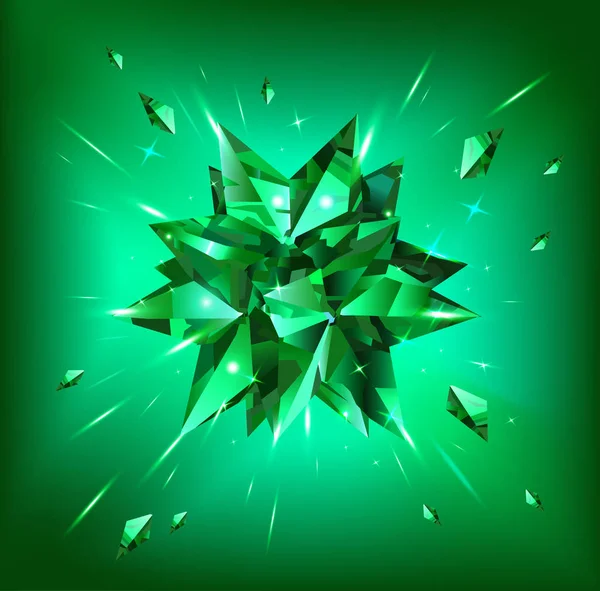Зеленая Изумрудная Звезда Выделена Зеленом Фоне Кристал Векторная Иллюстрация — стоковый вектор