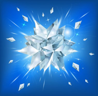 Mavi arka plan üzerinde beyaz kristal yıldız. Vektör çizimi.