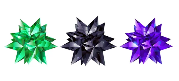 Набор Звёзд Кристального Цвета Зелёный Чёрный Фиолетовый Векторные Объекты — стоковый вектор
