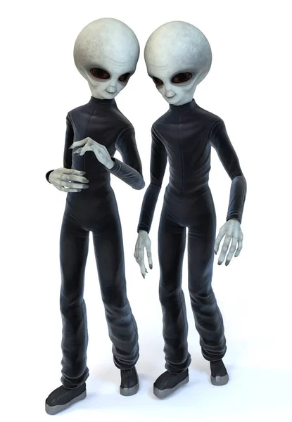 Два Серых Инопланетянина Черных Комбинезонах Изолированы Белом Фоне Иллюстрация — стоковое фото