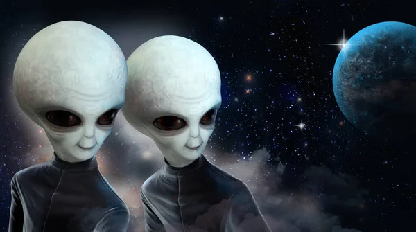 Two gray aliens in black jumpsuits isolated on a white background. 3 D illustration.