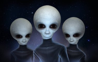 Kozmik yıldızlı gökyüzünün arka planına karşı siyah uzay elbiseli üç gri uzaylı. 3d illüstrasyon.