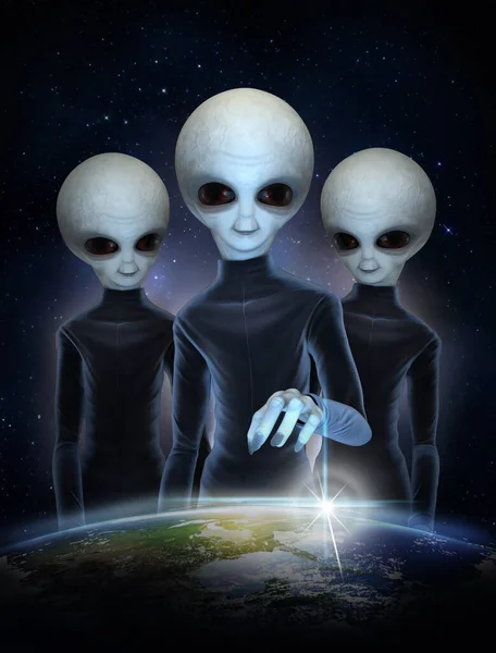 Three Gray Aliens Black Space Suits Background Cosmic Starry Sky — Stock Photo, Image