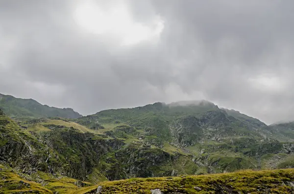 Estrada Transfagarasan Montanhas Fagaras Cárpatos Com Grama Verde Rochas Picos — Fotografia de Stock