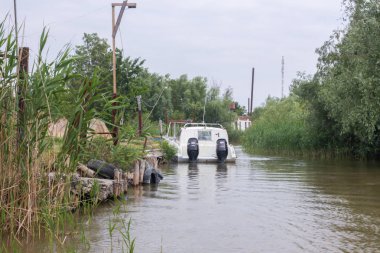 Vilkovo, Ukrayna - Mayıs, 26, 2018: Canal street, sazlık ve beyaz motorlu tekne boyunca