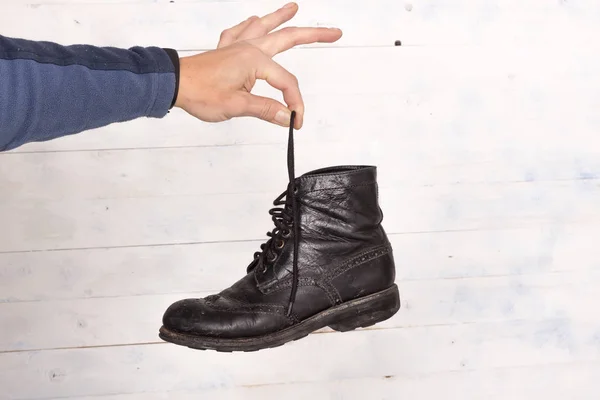 Old Leather Black Shoe Hanging Cord — Stock Photo, Image