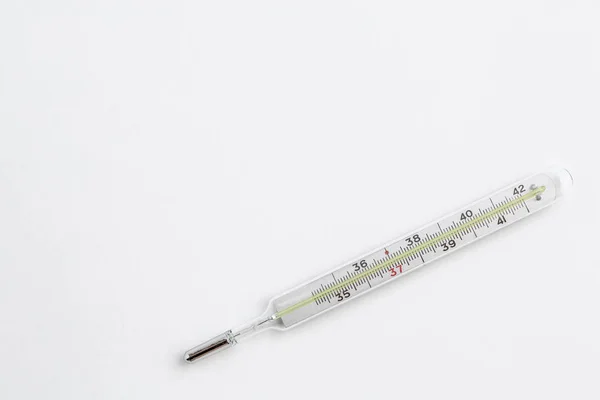 Винтажный Ртутный Термометр Белом Изолированном Фоне Вид Сверху — стоковое фото