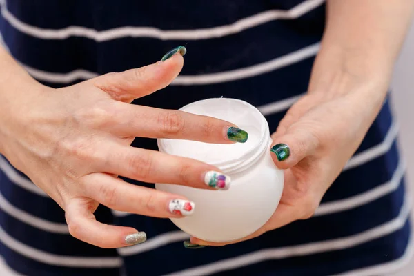 Concept Medicine Cosmetology Caucasian Woman Holding Jar Cream — Stock Photo, Image