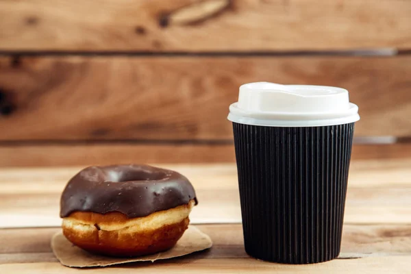 Fresh Artisan Donut Take Away Coffee Wooden Background Copy Space — Stock Photo, Image
