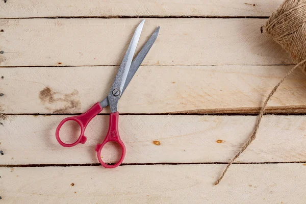 Vintage Scissors Wooden Background Top View — Stock Photo, Image