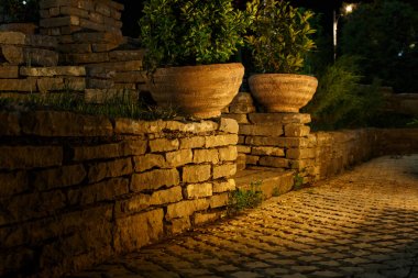 güzel vintage bahçe ile aydınlatılmış bitkiler ile bahçe kapları 