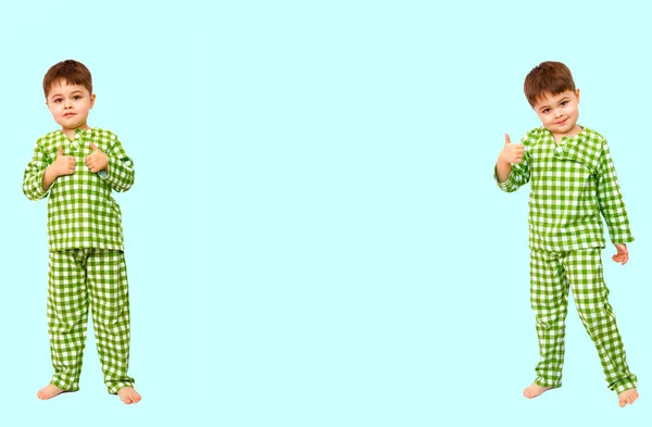 Collage. petit garçon debout en pyjama montrant un signe d'approbation — Photo