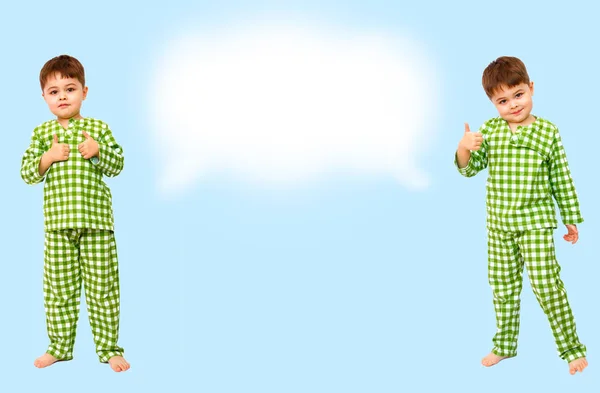 Collage. petit garçon debout en pyjama montrant un signe d'approbation — Photo