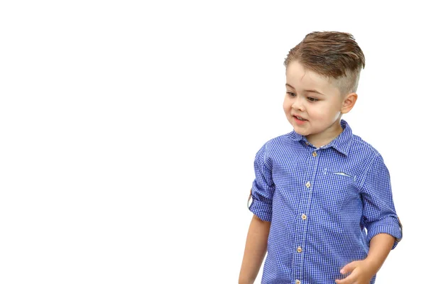 Portrait of fashionable little boy in blue shirt. Isolated on wh — Stock Photo, Image