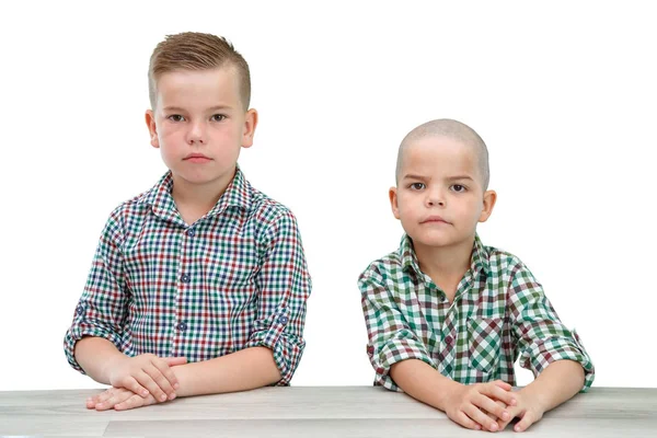 Két kaukázusi fiú, fivérek kockás ing pózol a fény i — Stock Fotó