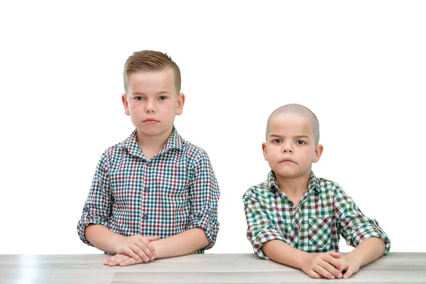 Dos chicos caucásicos, hermanos en camisas a cuadros posando en una luz i —  Fotos de Stock