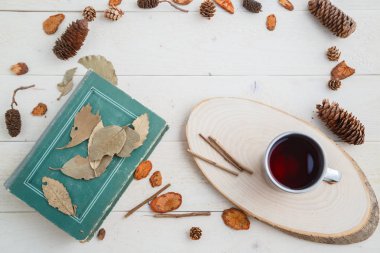 vintage kitap ve ahşap arka plan üzerinde retro kupa içki. üst vi