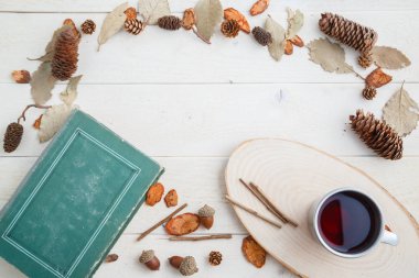 vintage kitap ve ahşap arka plan üzerinde retro kupa içki. üst vi