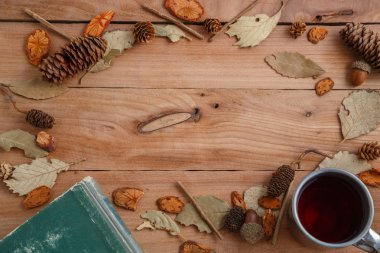 vintage kitap ve ahşap arka plan üzerinde retro kupa içki. üst vi
