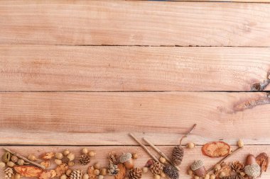 sonbahar arka plan. ahşap b üzerinde koni, meşe palamudu ve ahşap parçaları