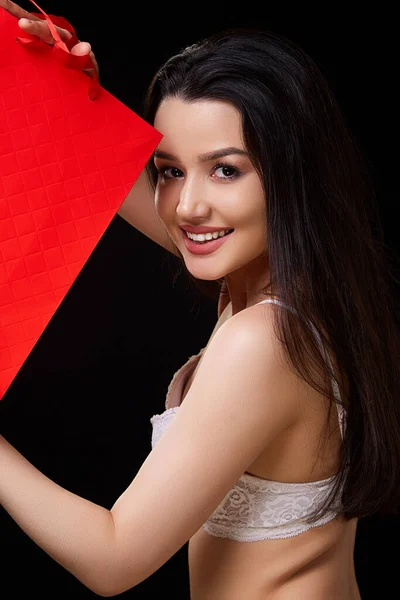 Young Beautiful Woman White Underwear Red Paper Shopping Bag Poses Stock Picture
