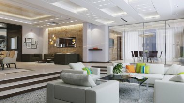 modern bir tarz köşkte kurgusal iç. 3D çizim