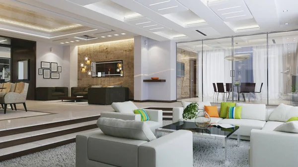 modern bir tarz köşkte kurgusal iç. 3D çizim