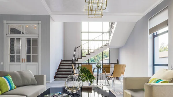 3d çizim modern aydınlık oturma odası gri ton