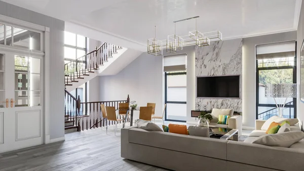 3d çizim modern aydınlık oturma odası gri ton