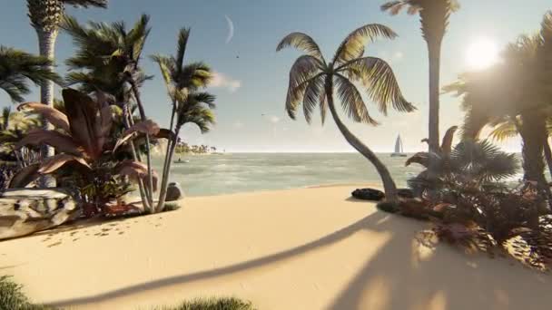 Os gráficos da praia de areia paradisíaca do mar são o pôr do sol, um resort exótico. Ilustração 3D 4K Timelaps — Vídeo de Stock