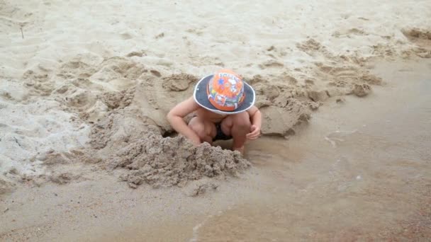 Liten pojke gräver ett hål på stranden nära havet — Stockvideo