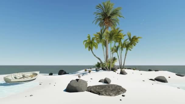 Onbewoond eiland paradijs in het midden van de oceaan met wit zand en boot — Stockvideo