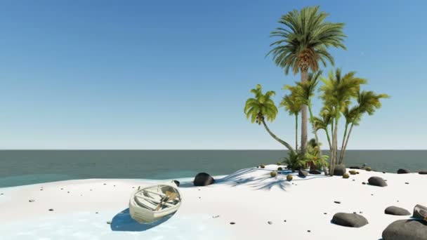 Onbewoond eiland paradijs in het midden van de oceaan met wit zand en boot — Stockvideo