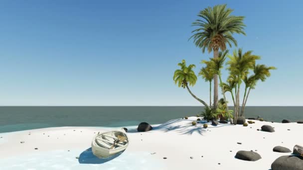 Paradis insulaire inhabité au milieu de l'océan avec sable blanc et bateau 