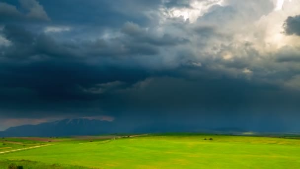 Donkere onweerslucht over verlichte voorjaars velden — Stockvideo