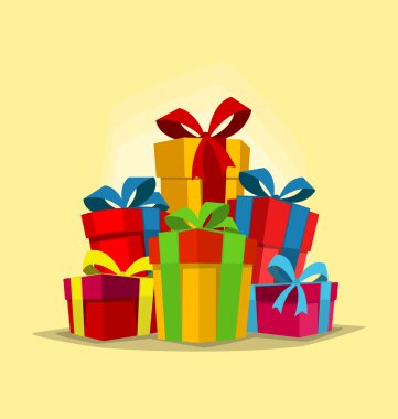 Farklı hediye kutuları sarı zemin üzerine yığını