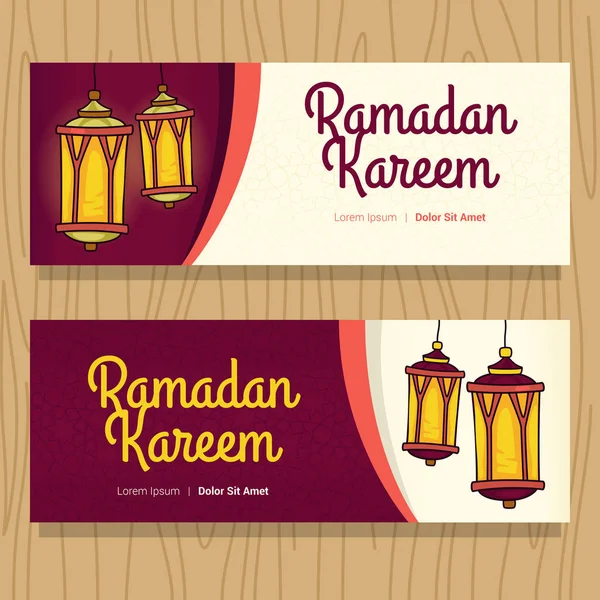 Horizontale Banner Mit Ramadan Kareem Schriftzug Und Leuchtenden Laternen — Stockvektor