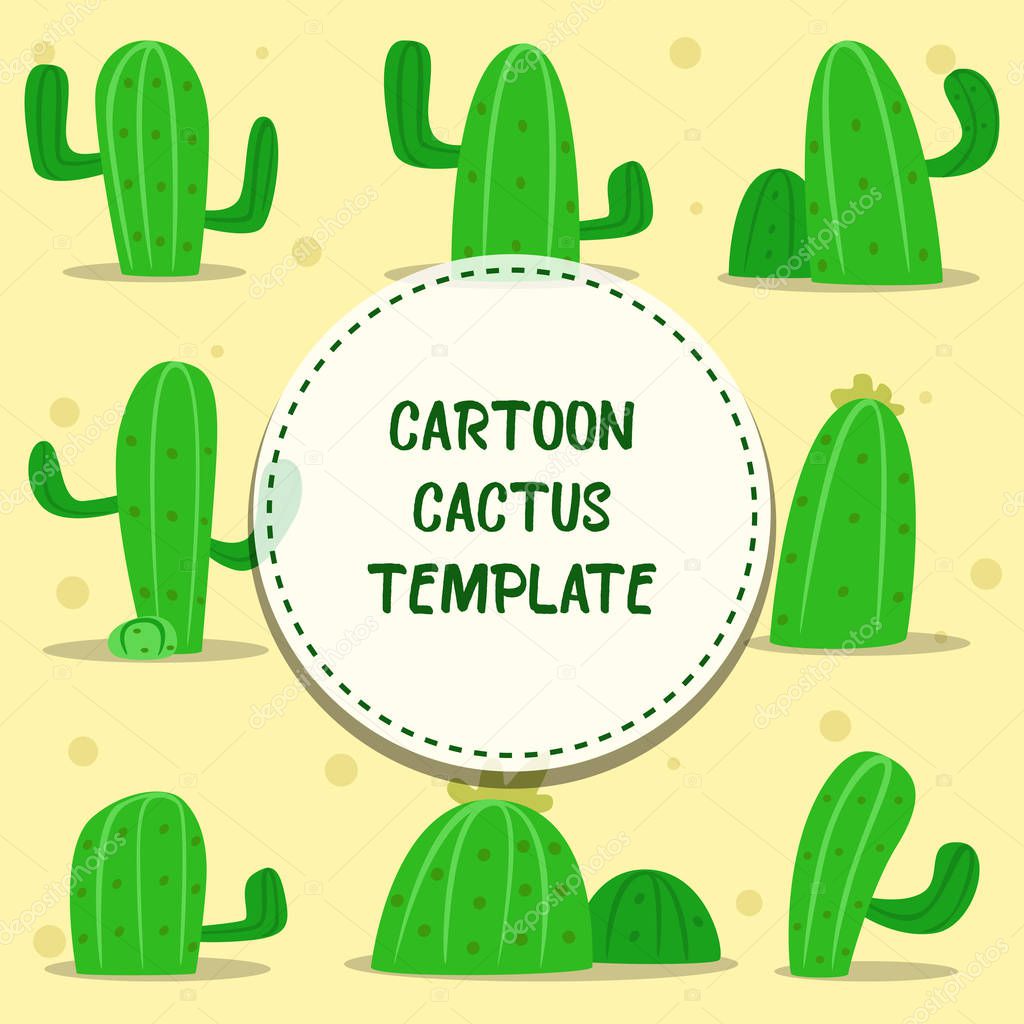 Cartoon green cactuses on pale yellow background