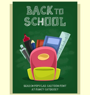 İçinde çanta ve eğitim donanımları ile geri afiş Okulu